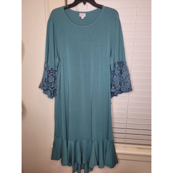 Lularoe Maurine Dress 3XL Teal Lace Bell Sleeves Ruffle Hem NWT Party Summer - Picture 1 of 8